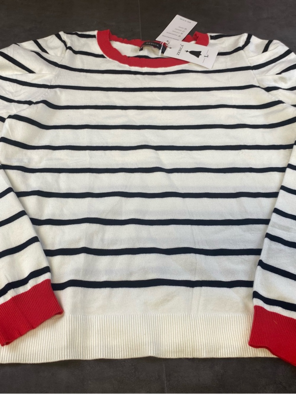 Zesica Women’s Striped Crewneck Black & White w/ Red Trim Puff Sl Large NWT